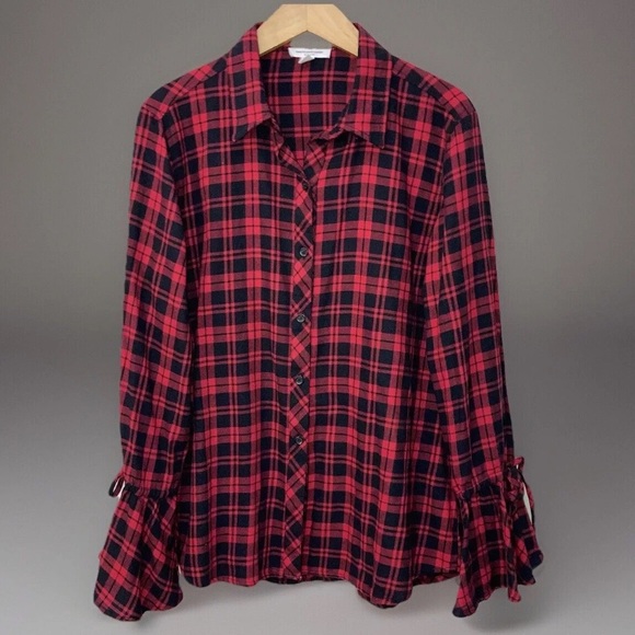 Beach Lunch Lounge BuffaloPlaid Flannel Shirt Large Bell Sleeves - Picture 1 of 6
